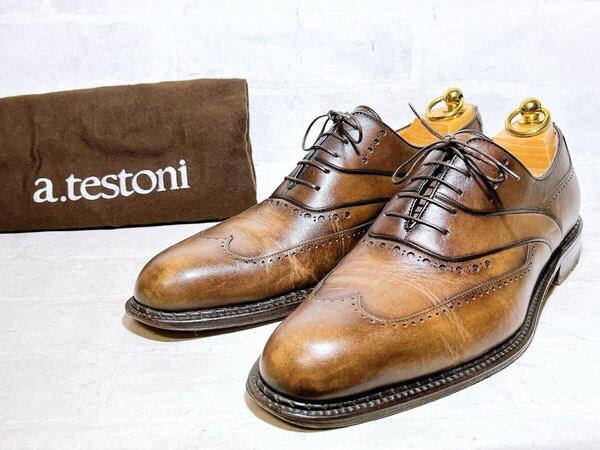イタリア製【美品】a.testoni BLACK LABEL 高級 ウィングチップ ビジネスシューズ 本革 レザー 茶 UK7.5(約26cm)メンズ 紳士靴