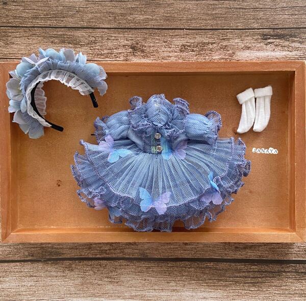 JANAYA ハンドメイド オビツ11服 ブルー蝶付きワンピース 3点セット
