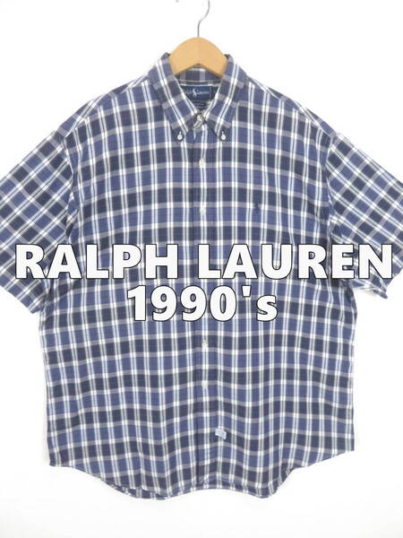90s~ ラルフローレン チェック BD 半袖シャツ L XL程度 ★ RALPH LAUREN ネイビー ボタンダウン ポロ 古着 メンズ ビンテージ レディース