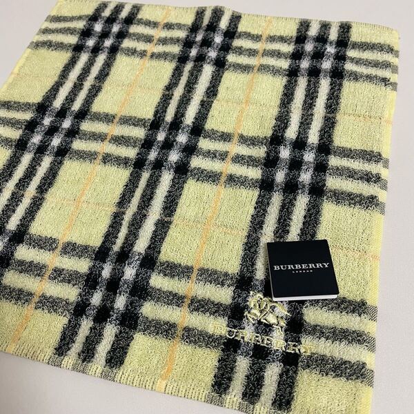 即決☆BURBERRY バーバリー ノバチェック ロゴ 刺繍 タオル地 ハンカチ イエロー系 タグ付き 新品 未使用