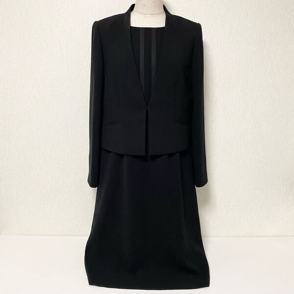 即決☆SOIR REVE ソワールレーヴ ノーカラージャケット ワンピース セット ブラック 13号 美品 XL 冠婚葬祭 フォーマル 東京ソワール