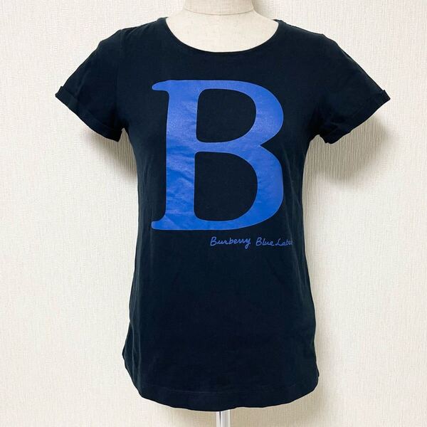 即決☆BURBERRY バーバリー ブルーレーベル ロゴ Tシャツ ブラック×ブルー カットソー トップス 38 M コットン