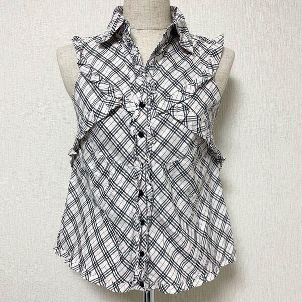 即決★BURBERRY バーバリー ブルーレーベル ノースリーブ シャツ ブラウス ノバチェック フリル カットソー トップス 36 美品 S