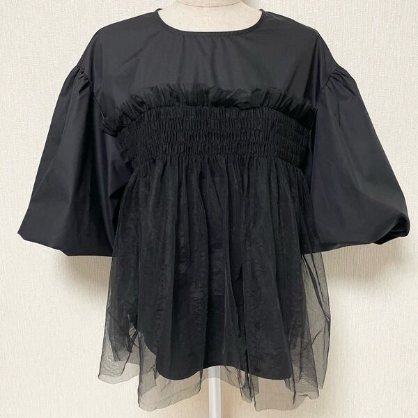 即決☆VERITE ベリテ バルーンスリーブ チュール ブラウス プルオーバー ブラック M〜L 美品