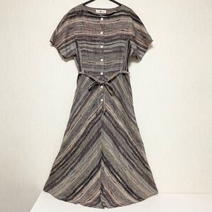 即決☆HIROKO KOSHINO ヒロココシノ 麻混 ロング フレア ワンピース リボンベルト付き グレー系 11号 美品 L