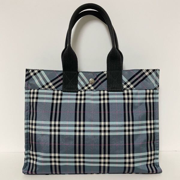 即決☆BURBERRY バーバリー ブルーレーベル ノバチェック ブルー ロゴ ボタン トートバッグ 美品 ハンドバッグ