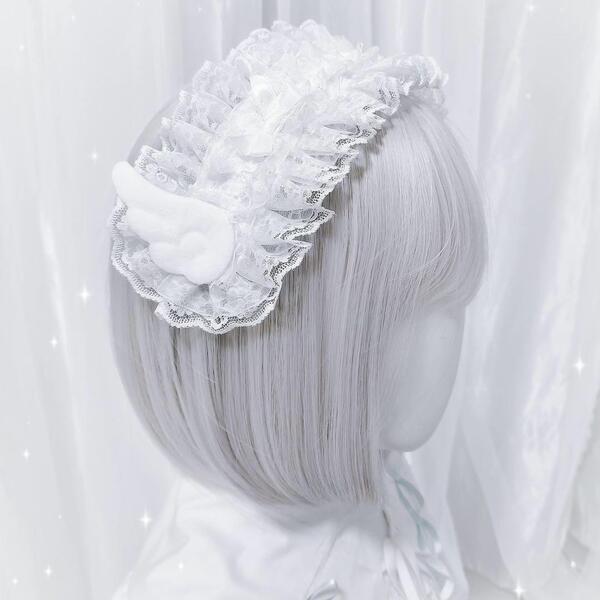 天使の羽 ホワイト レース リボン ヘッドドレス 天使界隈 サブカル 地雷 コスプレ コンカフェ ロリータ アイドル ゆめかわいい 原宿系 Y2K