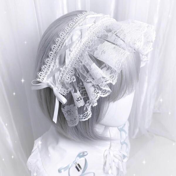ホワイト レースアップ ボンネット風 ヘッドドレス ロリータ 姫系 量産型 地雷 サブカル コスプレ コンカフェ ゴスロリ 病みかわいい Y2K