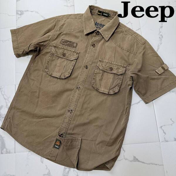 ★ Jeep ジープ ロゴ 刺繍 ミリタリー シャツ 半袖 ワークシャツ カーキ サイズ XL ★