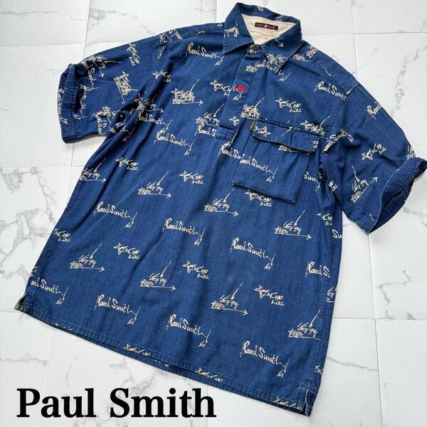 ★ Paul Smith ポール・スミス RED EAR 赤耳 うさぎ レッドイヤー ロゴ インディゴ 半袖 プルオーバーシャツ シャツ サイズM 全紳連 日本製