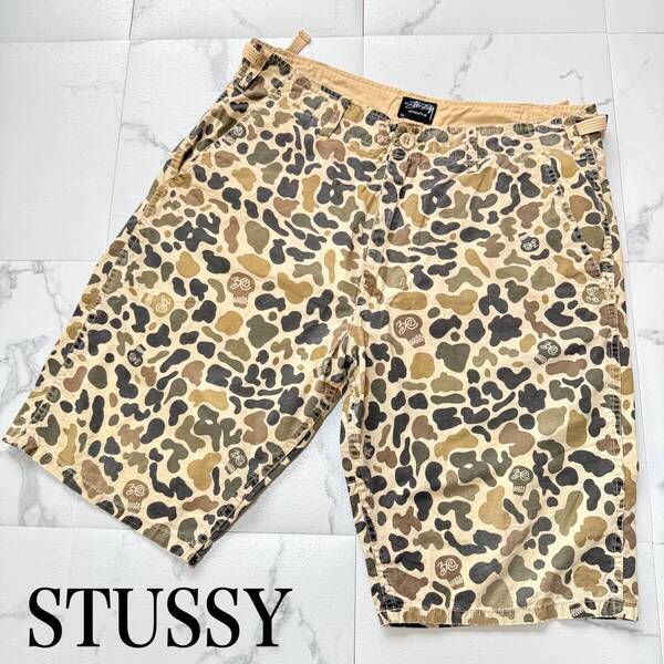 ★ STUSSY オールド ステューシー カモフラ ドクロ 髑髏 スカル 迷彩 総柄 ハーフパンツ ショートパンツ 短パン サイズ 34 ★