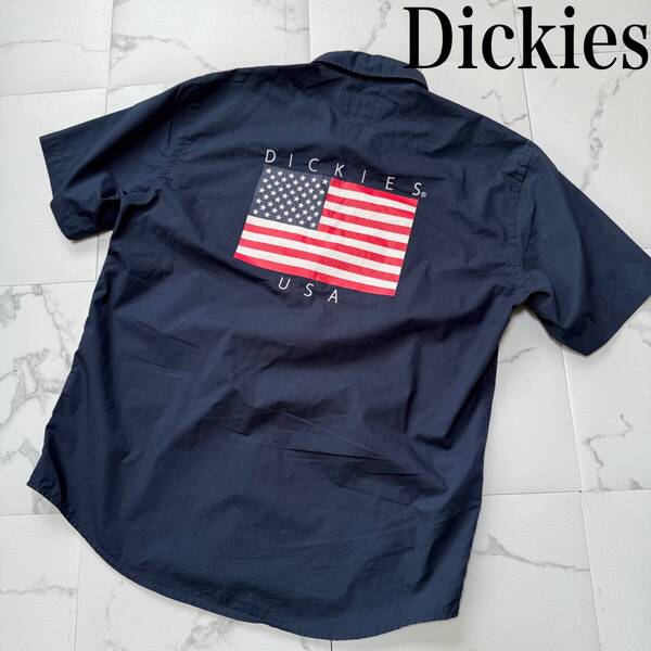 ★ Dickies ディッキーズ USA 星条旗 ロゴ ワークシャツ ネイビー サイズ XL 美品 ★