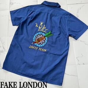 ★ FAKE LONDON フェイクロンドン DARTS TEAM ダーツチーム 背中 ビーズ 刺繍 ワークシャツ 半袖 シャツ M イギリス製 ヴィンテージ古着 ★