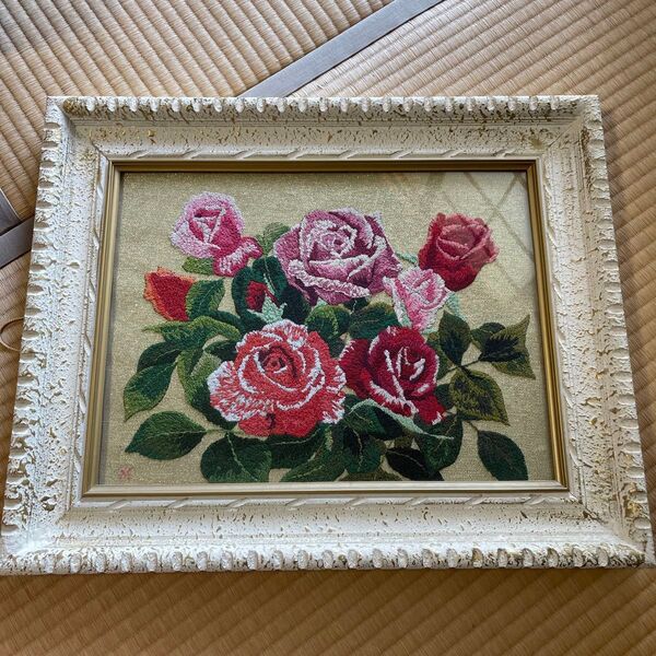 刺繍 アート ハンドメイド バラ 薔薇 ローズ 壁掛け アートフレーム ボード