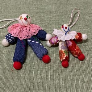 お婆ちゃんの手作り ピエロのキーホルダー ストラップ④ 和風小物 ちりめん細工 2個セット♪