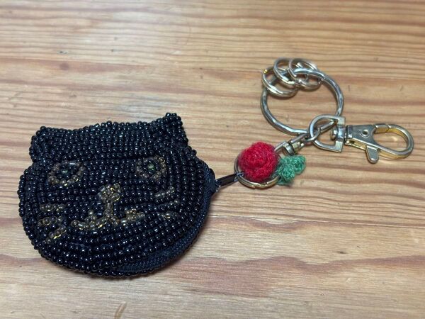 黒猫 ビーズ小銭入れ キーホルダー