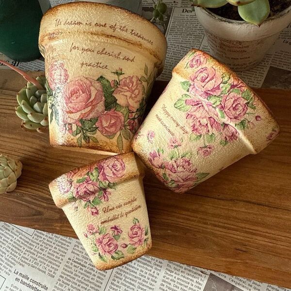 ★アンティーク風★リメイク鉢Rose3size3個SET リメ鉢多肉植物ちまちま苗
