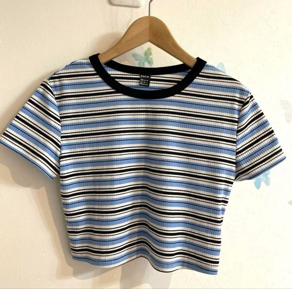 14【M】SHEIN クロップド丈 半袖 Tシャツ ボーダー