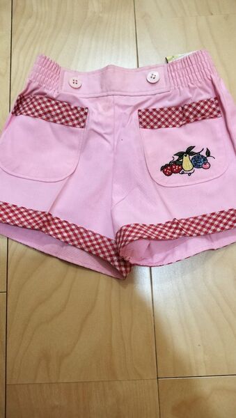 フルーツ 果物 刺繍 ハーフパンツ ショートパンツ 半ズボン レトロ 昭和 可愛い ピンク チェック 100 100cm 新品