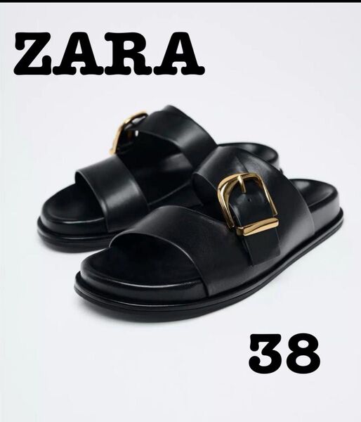 ZARA レザーサンダル 38 ブラック