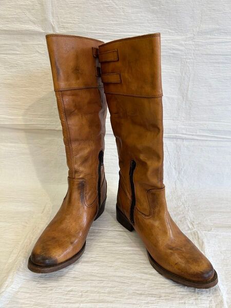 fee fee バングラデシュ製 本革 ロングブーツ 36 23cm レザー キャメル
