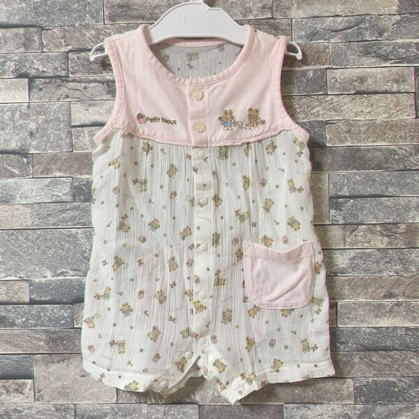 ベビー服 Petit Nous プチヌー ノースリーブ ロンパース ショートオール ベビー 80 綿100 うさぎ くま ピンク