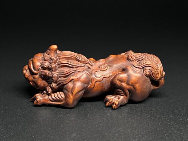 中国古美術 黄楊木 本物拓植 瑞獣 金運 財運 縁起物 置物 細工 コレクション
