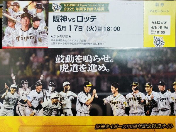 【6/17(火) 甲子園】阪神対ロッテ アイビーシート1枚