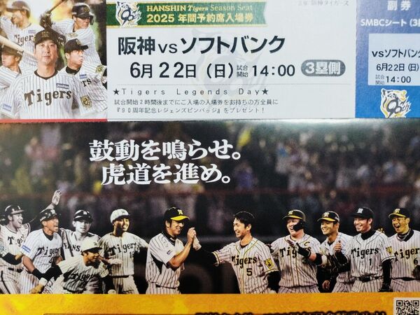 【ビジターファン垂涎】6/22(日) 甲子園 阪神対ソフトバンク 3塁SMBCシート1枚