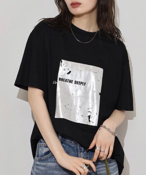 冷感カノコ 箔プリントTシャツ ブラック×シルバー Tシャツ 半袖 ブラック 半袖Tシャツ