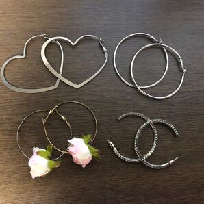 【美品】フープピアス 大きめ お花 キラキラ ラインストーン ハート シルバーピアス ピアス アクセサリー レディース 造花