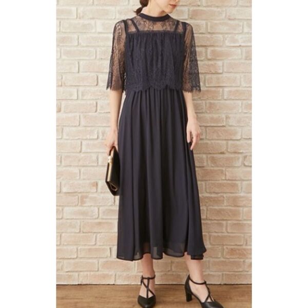 アクシーズファム axes femme レース 切替 ロングドレス ネイビー