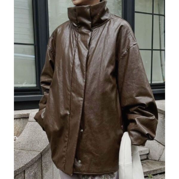 アメリ Ameri レザージャケット PASTING LIKE SYNTHETIC LEATHER JACKET ブラウン