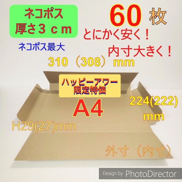 発送用ネコポス最大サイズ 厚さ3㎝ 対応A4 ダンボール 箱