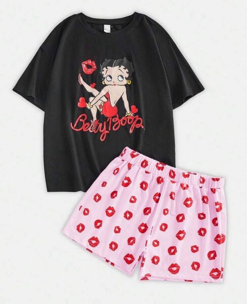 【新品】Betty Boop ルームウェア 半袖Tシャツ セットアップ ベティ・ブープ リップ柄 上下セット