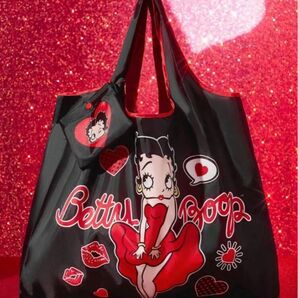 Betty Boop ベティちゃん エコバッグ リップ柄 ブラック 収納袋付き ナイロンバッグ コンパクト 大容量 折りたたみ