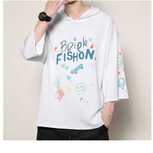 【XL】フード付半袖プルオーバー パーカー Tシャツ メンズ オーバーサイズ 韓国 ルーズ 七分袖 落書き風 ホワイト 白 メンズ