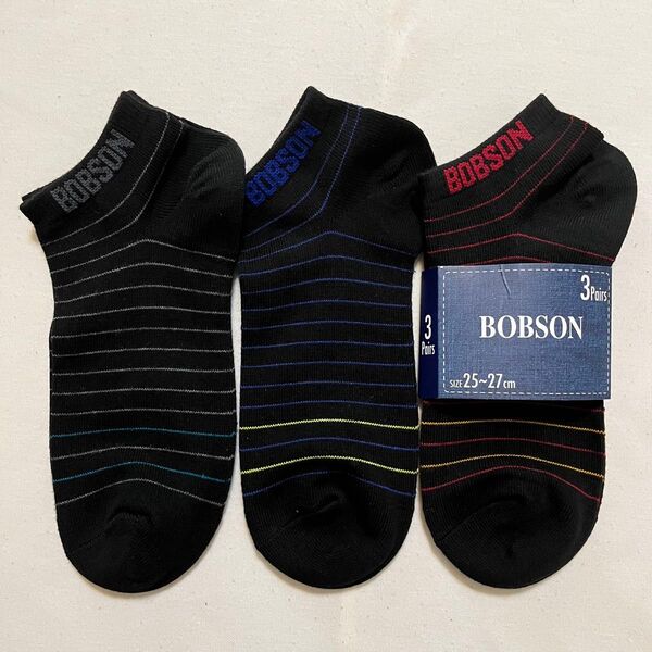 BOBSON スニーカーソックス 3足組セット 靴下 通学 ゴルフ スポーツ トレーニング フィットネス ウェア ボーダー メンズ
