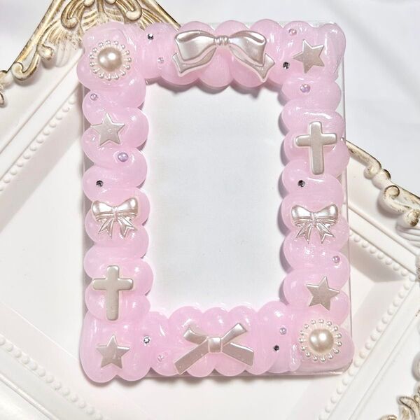 トレカケース ホイップデコ 硬質ケースデコ パールホイップ ピンク パール調 量産型 推し活 ガーリー リボン 星