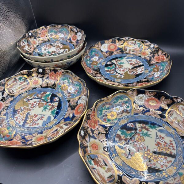 和食器 有田焼 龍峯窯 金彩 染錦 牡丹 菊皿 5枚セット