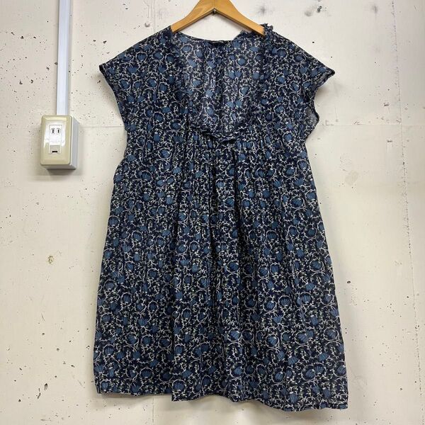 pas de calais パドカレ レディース 半袖 チュニック ブラウス 花柄 春夏 トップス フリル コットン ネイビー