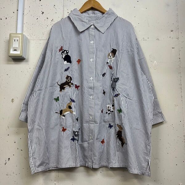 BECHAMEL レディース 古着 ストライプ 刺繍 オーバーサイズ 七分袖 シャツ ブラウス 前開き コットン 犬 猫 3X
