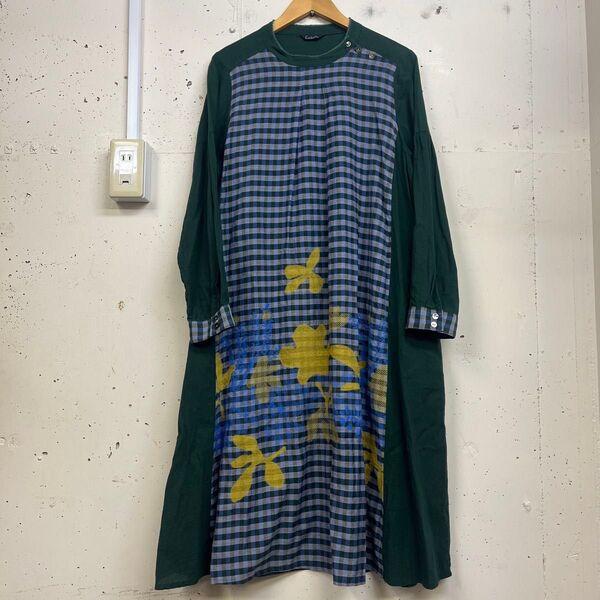 cachette カシェット コットン&ウール ワンピース グリーン 2 フラワー刺繍 レディース ナチュラル 日本製