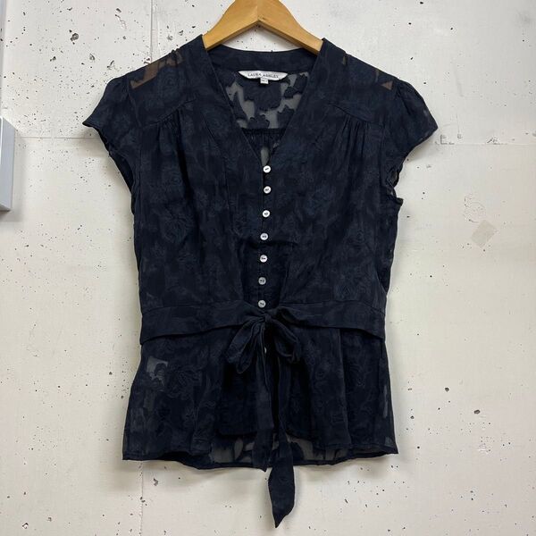 LAURA ASHLEY ローラアシュレイ シルク レーヨン 花柄 シアー ブラウス ネイビー 9 レディース 古着