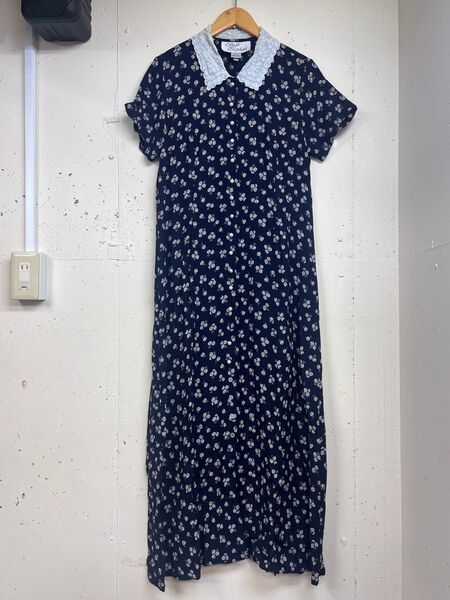 90s 90年代 レトロ レディース 古着 花柄 レース襟 半袖 ヴィンテージ vintage 前開き ドレス ロング丈