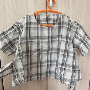 チェックトップス 半袖 リボン付き