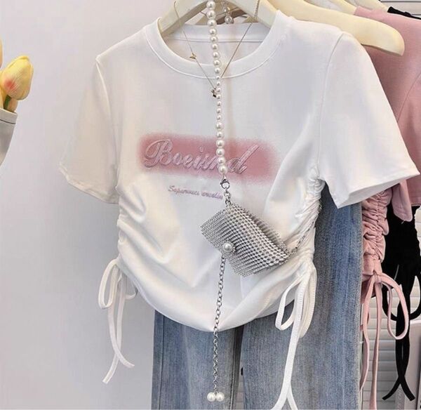 ホワイト ロゴ 半袖Tシャツ 韓国 カットソー シャーリング ギャザー付き ホワイト 半袖 カットソー