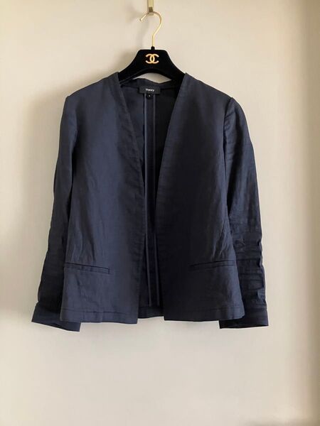 セオリー ¥50000 麻混 ノーカラー ジャケット ネイビー セオリー