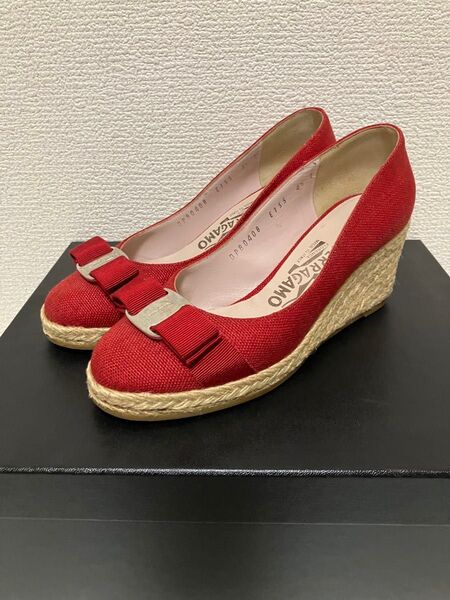 美品 サルヴァトーレフェラガモ ¥90000 ウエッジソール エスパドリーユ 4 ハーフ 1/2 リネン れつ Ferragamo