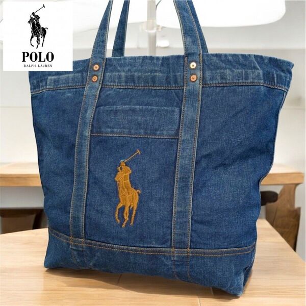 ★希少★ ポロラルフローレン デニム トートバッグ 大容量 A3 ビッグポニー POLO RALPH キャンバス 旅行